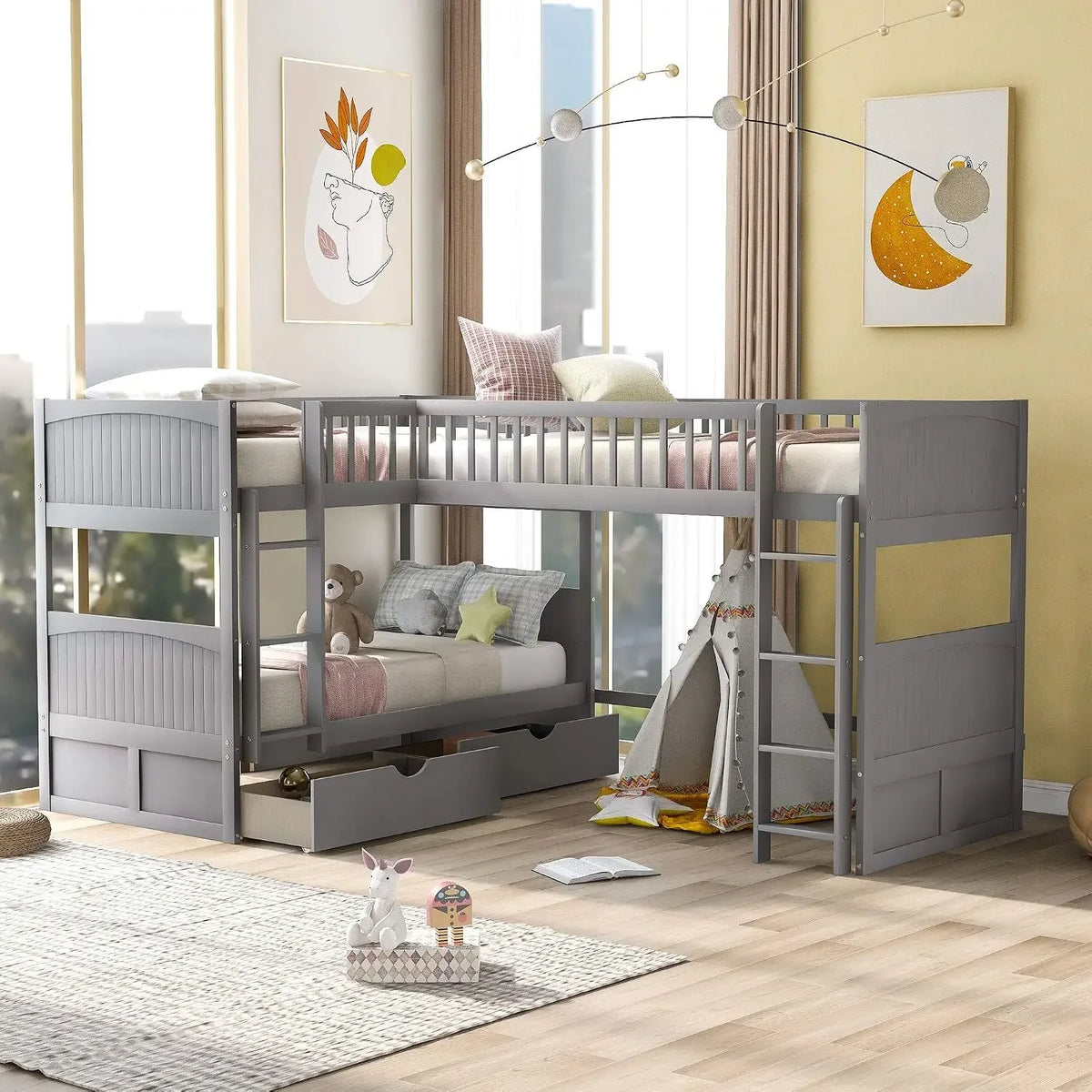 L-shaped Wooden Triple Bunk Bed With a Ladder and Storage Cabinet
