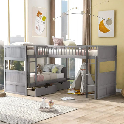 L-shaped Wooden Triple Bunk Bed With a Ladder and Storage Cabinet