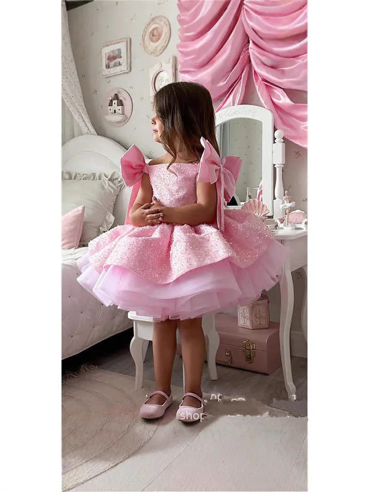 Baby/Kid Girls Light Pink Sparkly First Birthday Dress With Pearls