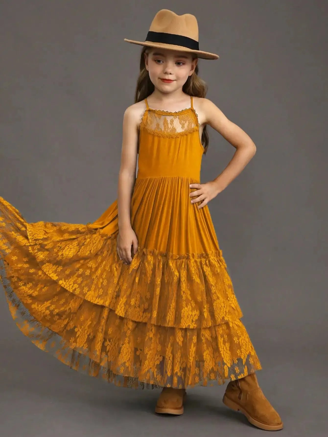 Kids Girls Long Lace Design Birthday Party Dresses