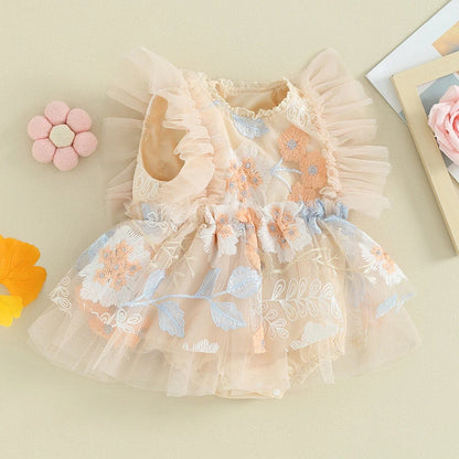 Baby Girl Tulle Floral Embroidery Romper Dress and Headband Set