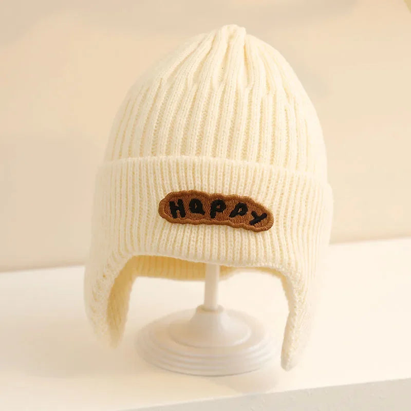 Happy Letter Print Baby Knit Beanies with Earflap childrensterritory