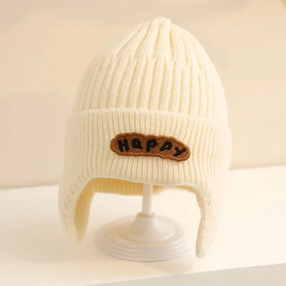 Happy Letter Print Baby Knit Beanies with Earflap childrensterritory