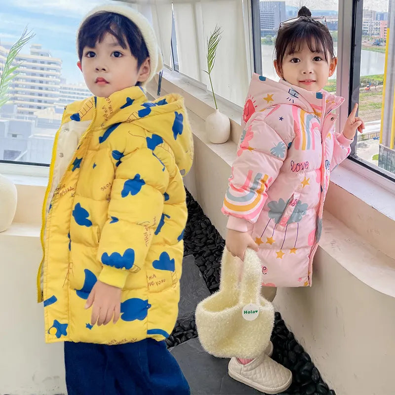 Kids Girls Boys Rainbow Print Down Hooded Jacket-Children&amp;