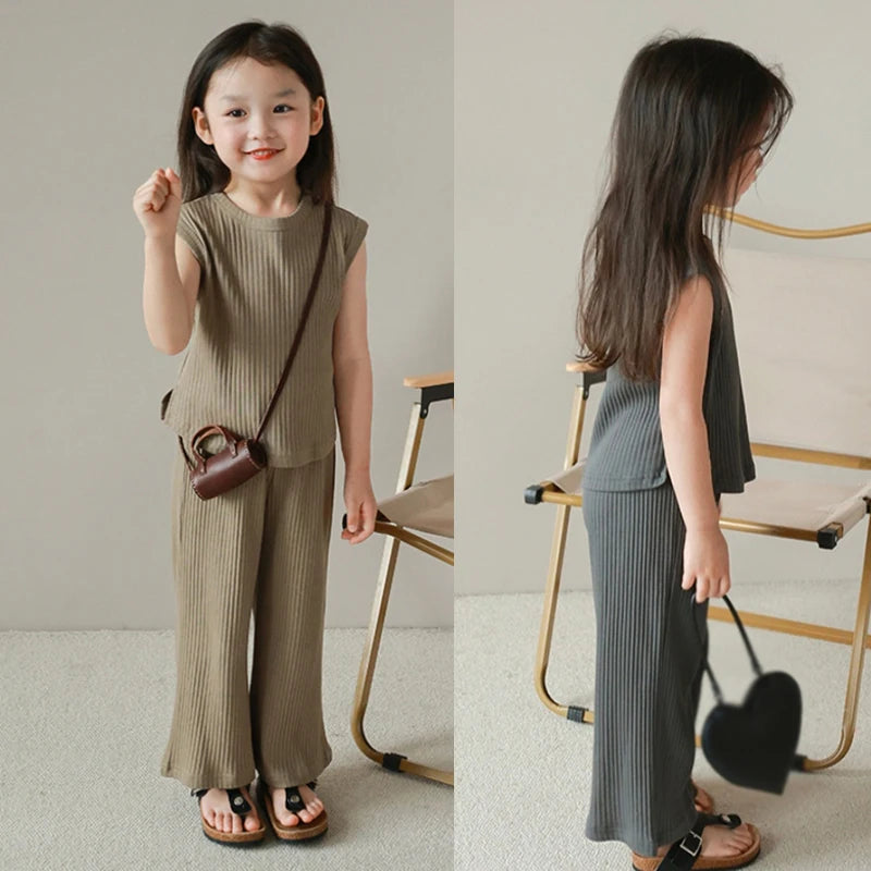 Kids Girls Summertime Sleeveless T-Shirt + Trousers Casual Outfit Set childrensterritory