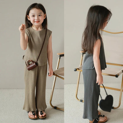 Kids Girls Summertime Sleeveless T-Shirt + Trousers Casual Outfit Set childrensterritory