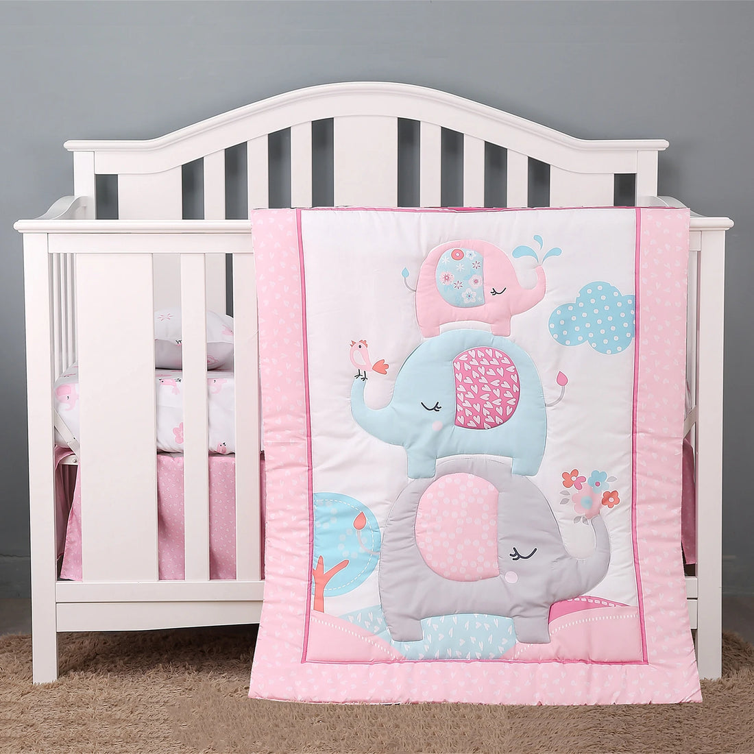 Cartoon Elephant Print 3Pcs Baby Bedding Set