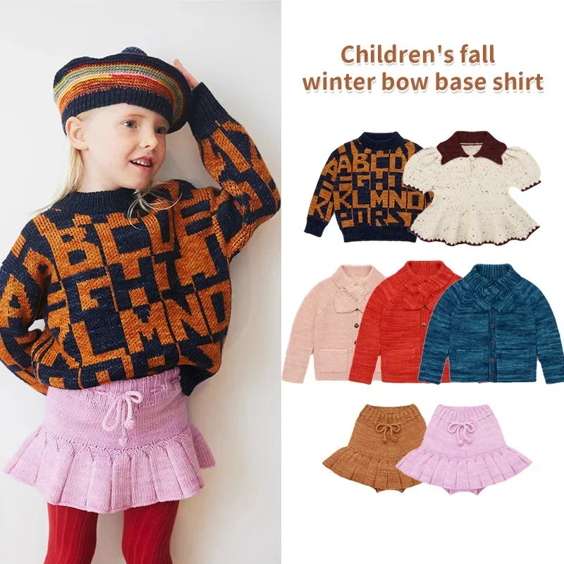 Retro Countryside Style Girls Knitted Cardigan Half Skirt Set childrensterritory