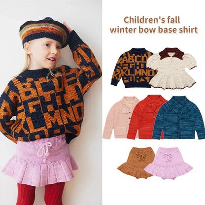 Retro Countryside Style Girls Knitted Cardigan Half Skirt Set childrensterritory