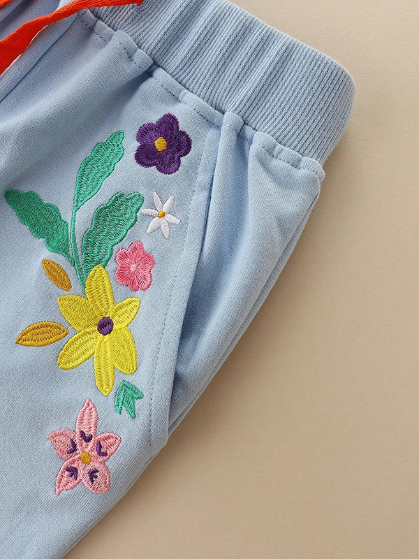 Embroidered Flowers Design Cotton Trousers For Girls childrensterritory