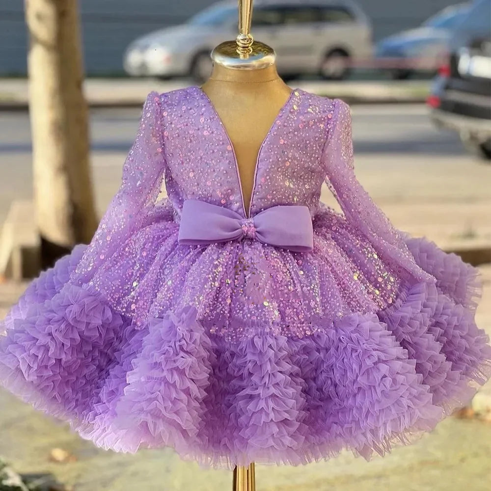 Sequined Tiered Tulle Wedding Dress with Bow for Kids Girls