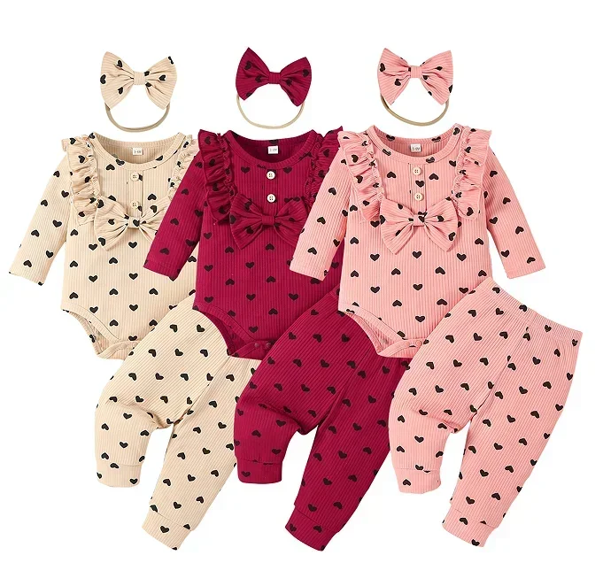 3Pcs Newborn/Toddler Girl Love Printed Long Sleeve Outfit Set