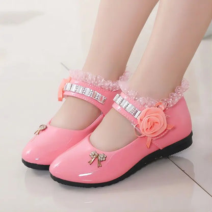 Kids Girls Cute Bowknot And Flower Design Leather Shoes childrensterritory
