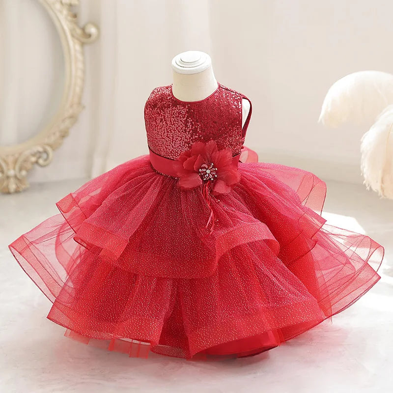 Kids Girl Fluffy Mesh Flower Dress for Baptism/Wedding