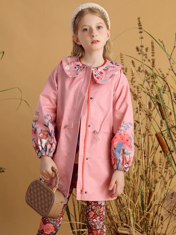 Flowers Printed Peter Pan Collar Girls Trench Coat childrensterritory
