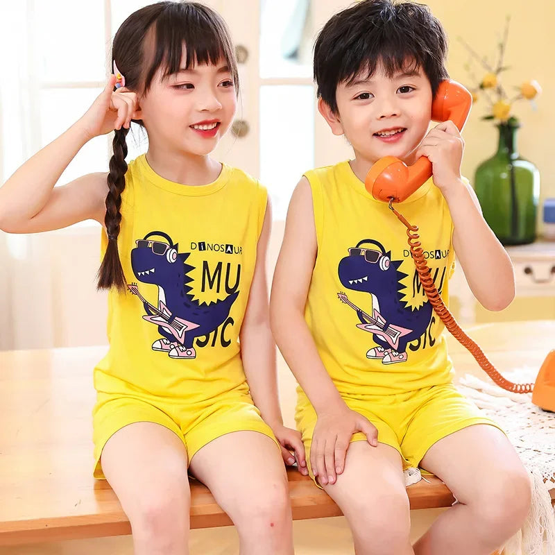 Kid Boy Girl Cartoon Design Sleeveless Cotton Vest and Pajamas Sets childrensterritory