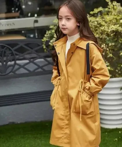 Kids Girls Long Hooded Windbreaker Trench Coats