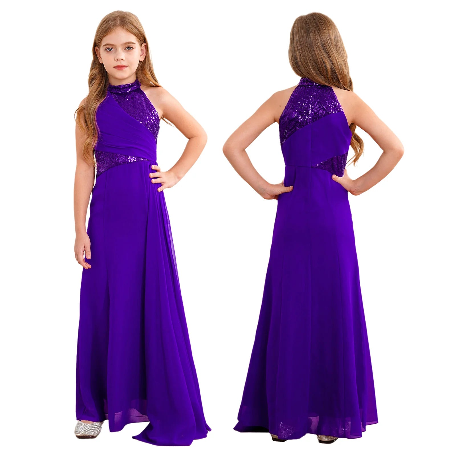 Kids Girls Sequins Pleat Overlay Pageant Evening Gowns