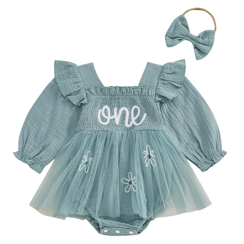 Baby Girls Letter Pattern Ruffled Mesh Romper Dresses childrensterritory