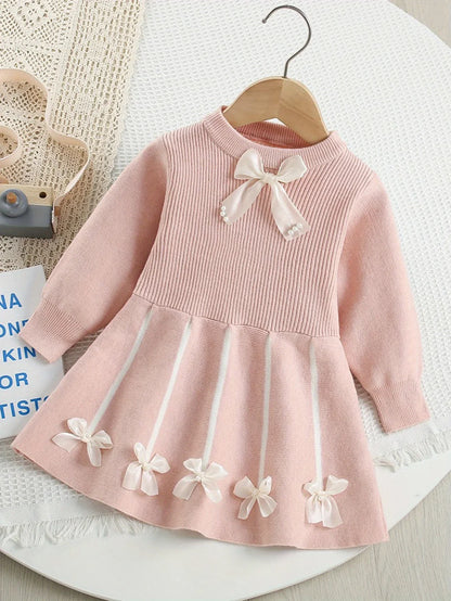 Girls’ Bow Design Winter Soft Dresses childrensterritory