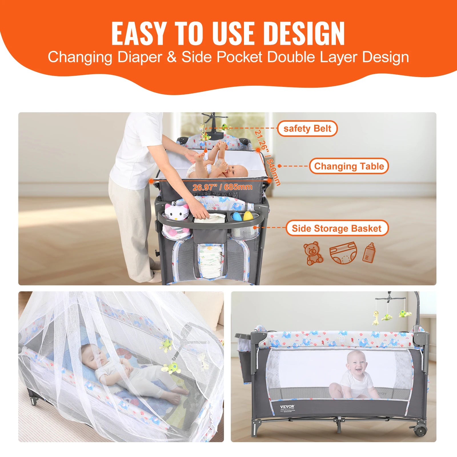 Baby Bedside Bassinet with Wheels and Storage Basket childrensterritory