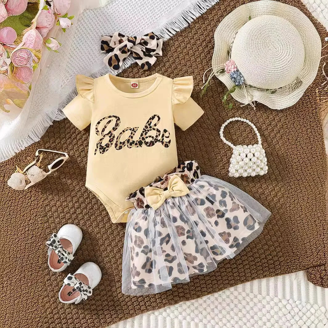 Baby Girl Babe Print Romper and Leopard Print Tulle Skirt Dress