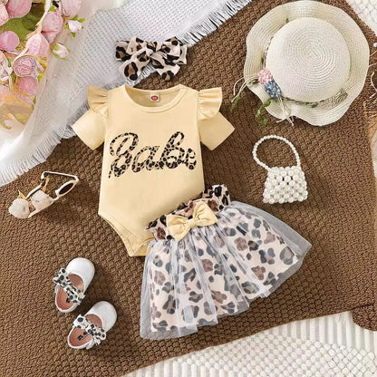 Baby Girl Babe Print Romper and Leopard Print Tulle Skirt Dress
