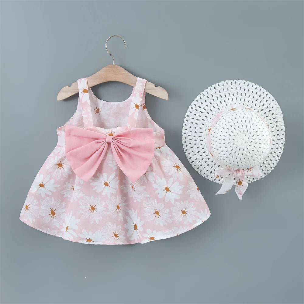 Sleeveless Bow Design Printed Summer Dresses For Girls