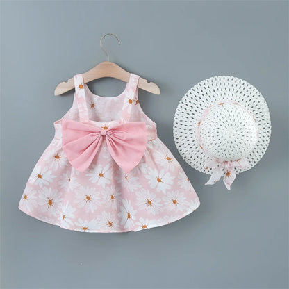 Sleeveless Bow Design Printed Summer Dresses For Girls