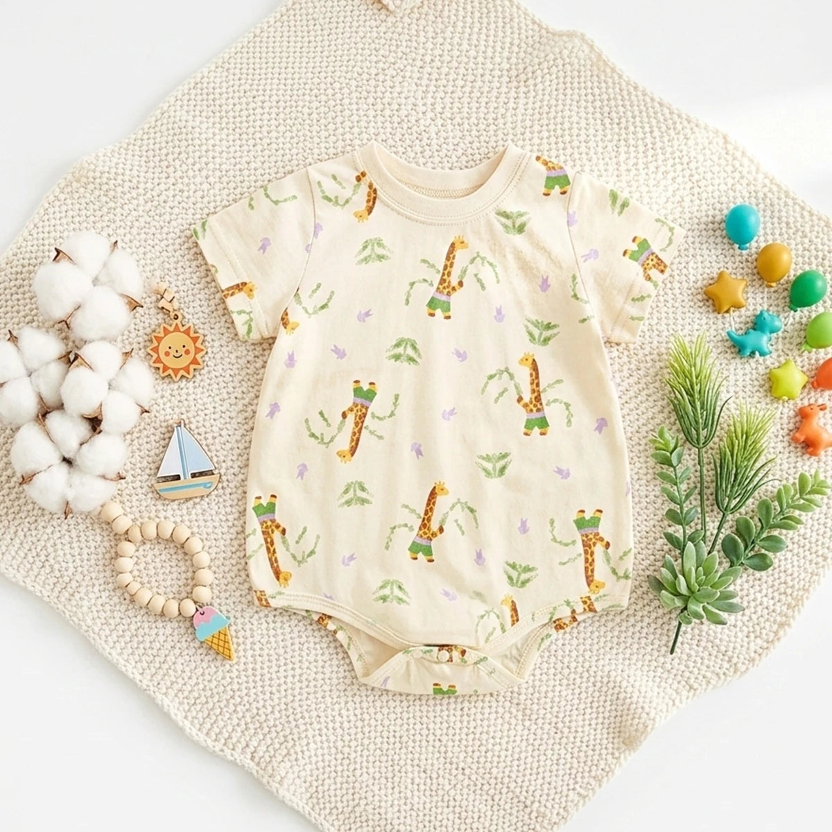 Baby Unisex Short Sleeve Printed Cotton Romper