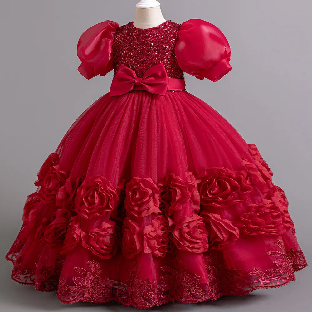 Flower Appliqués and Sequin Design Girls Long Party Dresses