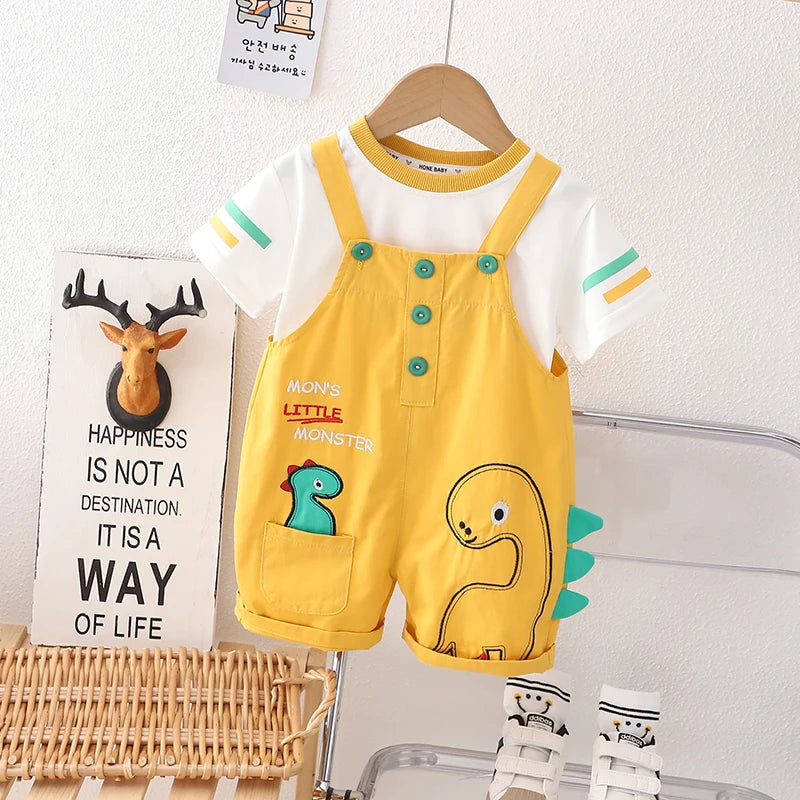 Baby Boys Strips T-Shirt Cartoon Print Denim Bib Pants 2Pcs/Set childrensterritory