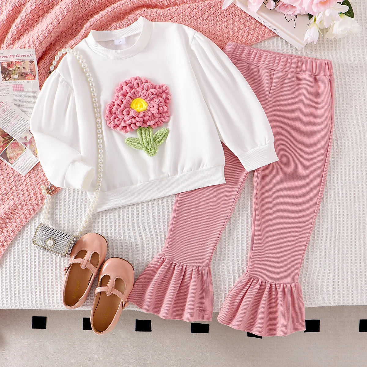 Kids Girl Floral Sweatshirt Top and Pants Set for Autumn