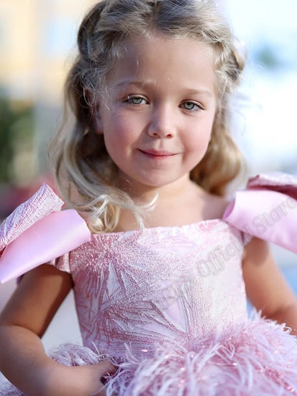Kids Girls Pink Or Red Flower Dresses With Feathers for Birthday childrensterritory