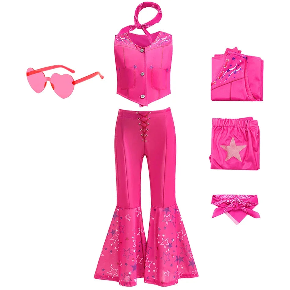 Kids Girls Starry Vest Top Pants Scarf Barbie Costume for Halloween