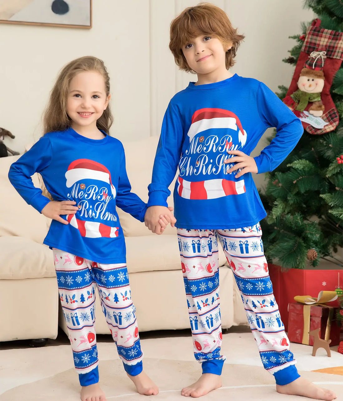 Letter Printed Christmas Family Pajamas Sets in Blue Color childrensterritory