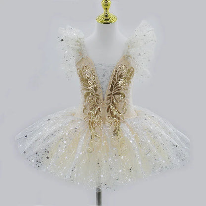 Kids Girls Professional Gold Sequin Ballet Tutu Dress