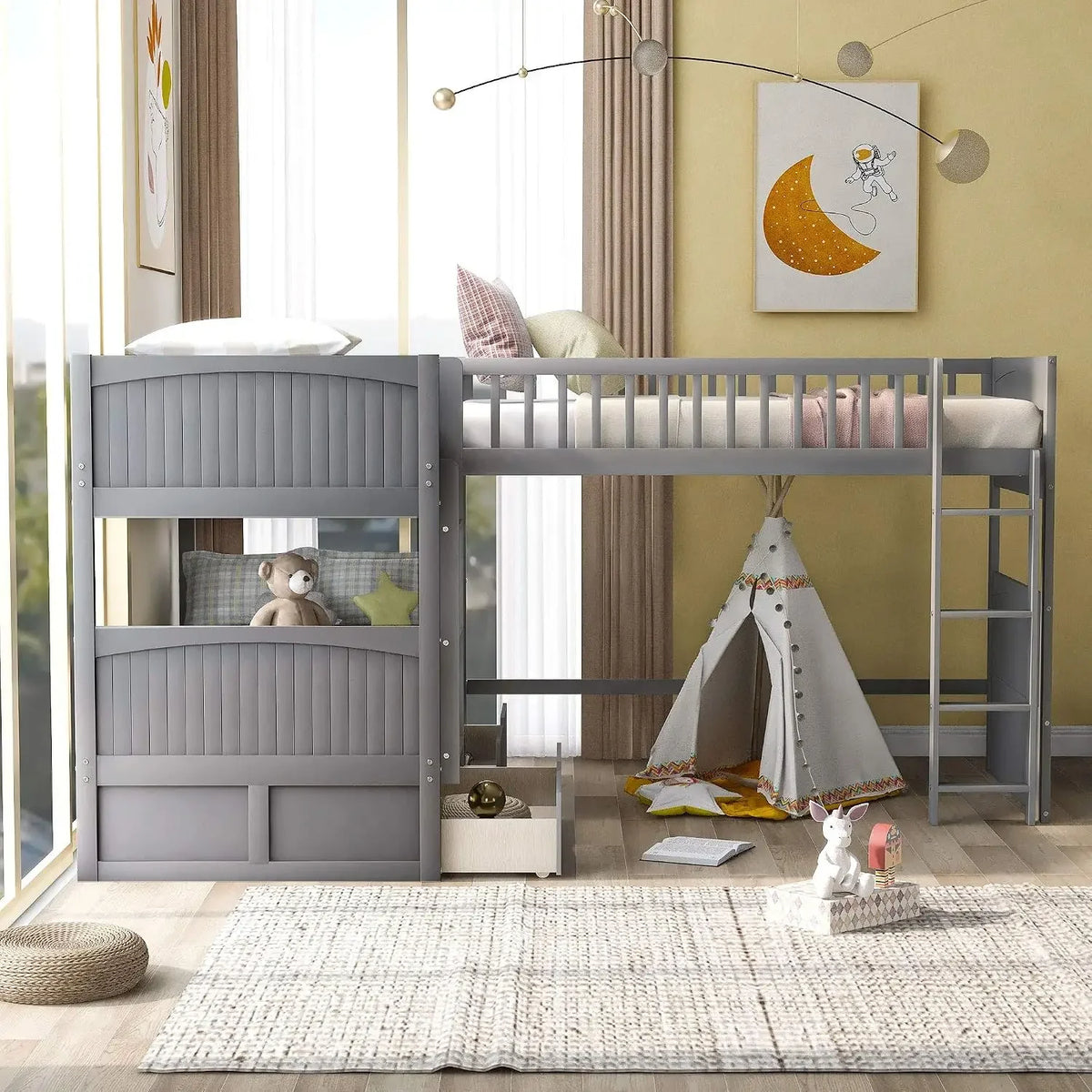 L-shaped Wooden Triple Bunk Bed With a Ladder and Storage Cabinet