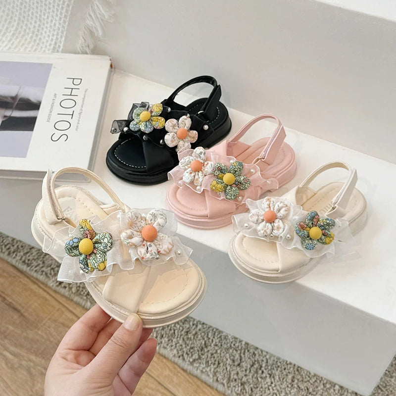 Open Toe Flower Lace Anti Slip Girls Sandals
