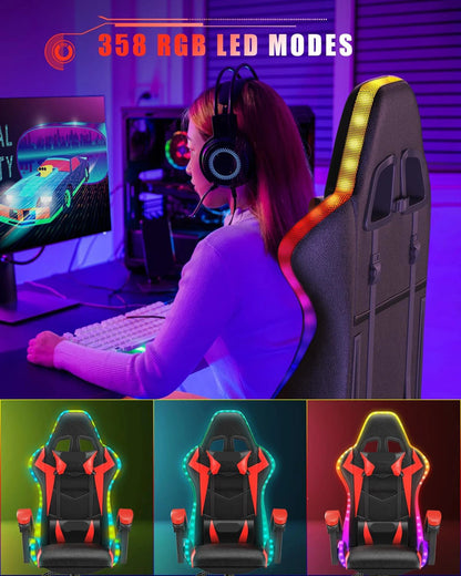 Reclining PU Leather Gaming Chair with LED Lights childrensterritory