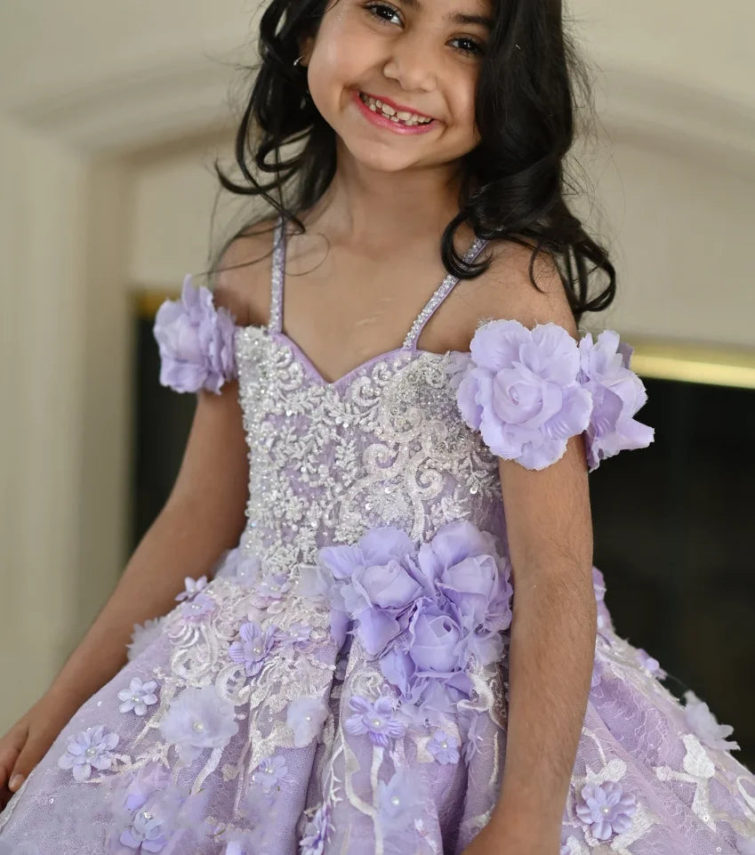 Girls Lace Appliqued Lavender Princess Dress for Communion childrensterritory