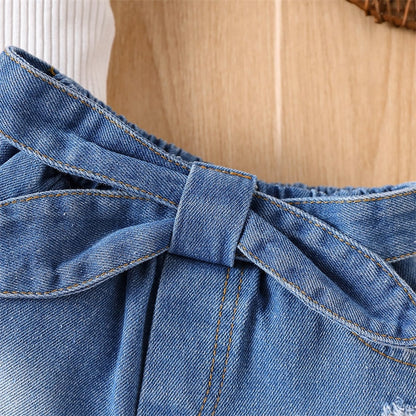Kids Girl Ribbed Tops Belted Denim Shorts 2Pcs Outfits childrensterritory