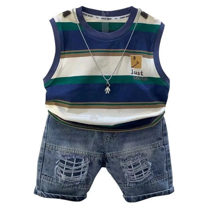 Little Boys Striped Sleeveless Shirt And Jeans Shorts Suit Set childrensterritory