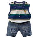 Little Boys Striped Sleeveless Shirt And Jeans Shorts Suit Set childrensterritory