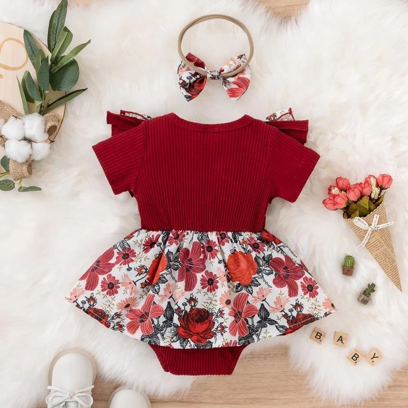 Floral Print Baby Girl Cotton Jumpsuit Dress With Bowknot