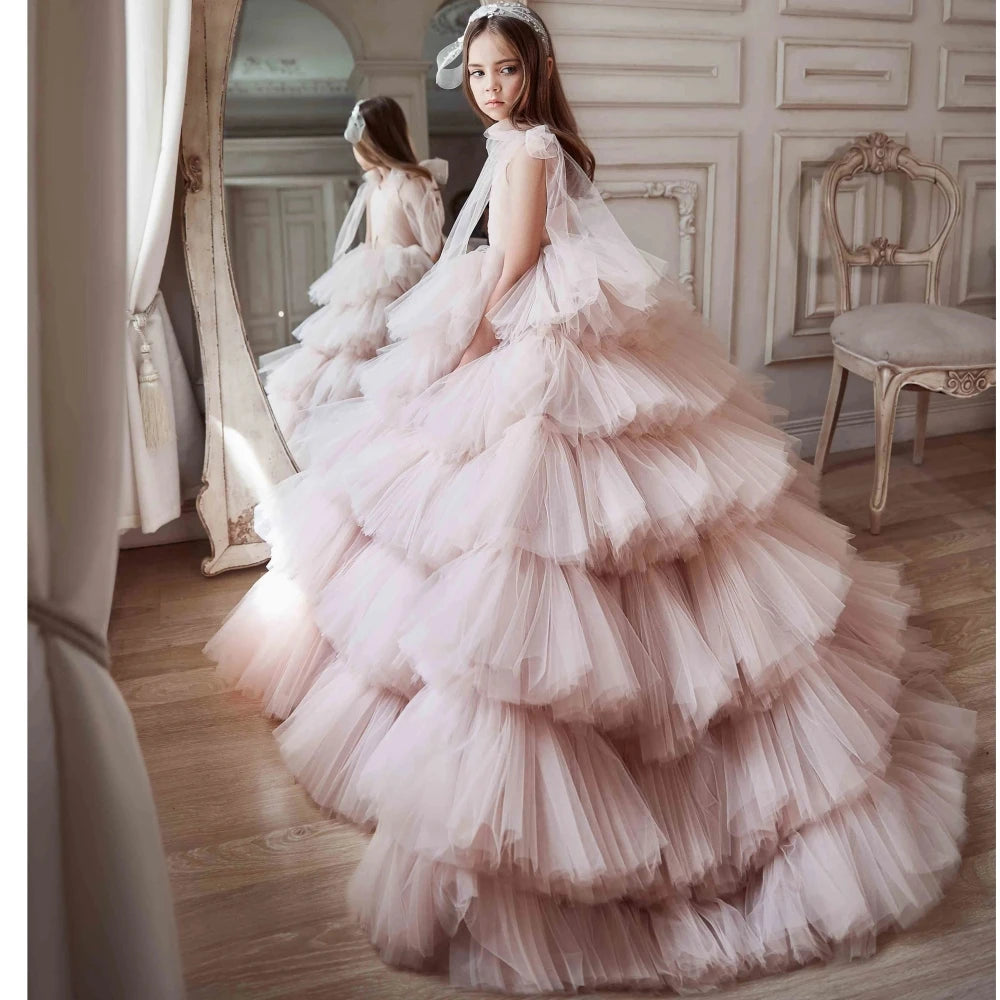 Kids Girls Tiered Tulle Bow Shoulder Design Dresses For Birthday/Prom childrensterritory