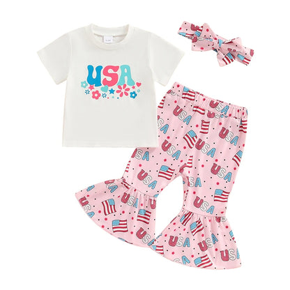 Letter Printed Shirt Floral Pant 4th of July Outfit for Baby Girl
