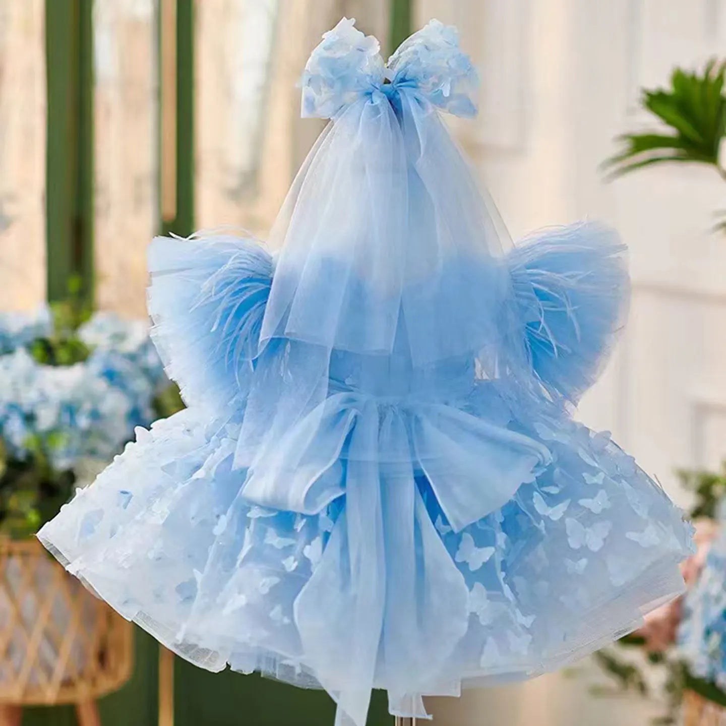 Elegant Butterfly Designed Blue Flower Girl Dress with Hairband