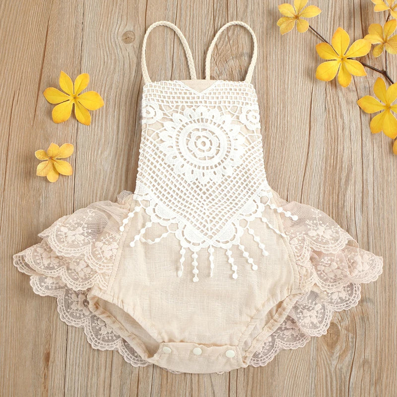 Baby Girls Cute Flower Lace Design Sleeveless Rompers