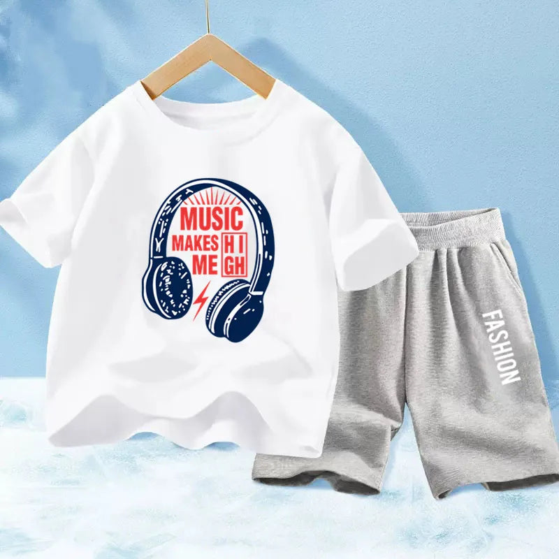 Kids Boys Music Headset Print T-shirt and Shorts Set childrensterritory